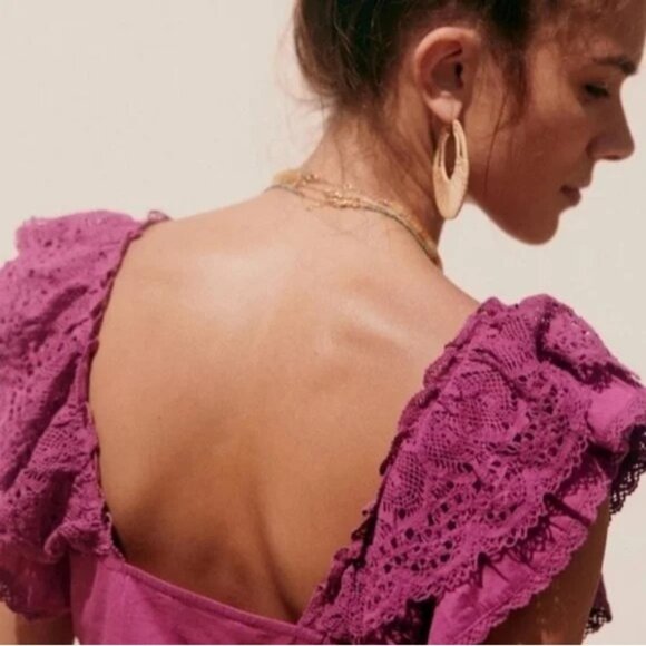 SEZANE Lexy Blouse Women SZ 36 US 4 Square Neck Ruffle Crochet Peasant Purple - Picture 4 of 12